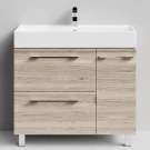 Тумба Мальта 90 напольный, ящики и дверь, Дубослив ореховый светлый ПВХ 3445, правый Vodok с раковиной в комплекте