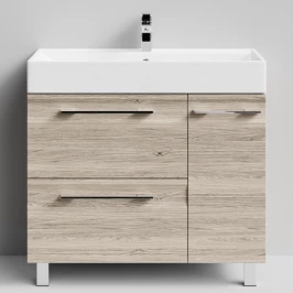 Тумба Мальта 90 напольный, ящики и дверь, Дубослив ореховый светлый ПВХ 3445, правый Vodok с раковиной в комплекте