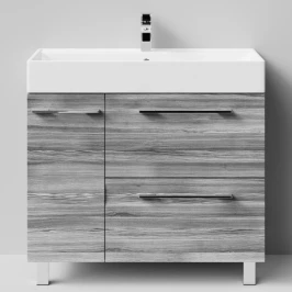 Тумба Мальта 90 напольный, ящики и дверь, Лиственница структурная контрастно-серая ПВХ 64202, левый Vodok с раковиной в комплекте