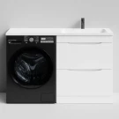 Тумба Смайл 130 напольный, под стиральную машину, правая, белый глянец Vodok с раковиной в комплекте