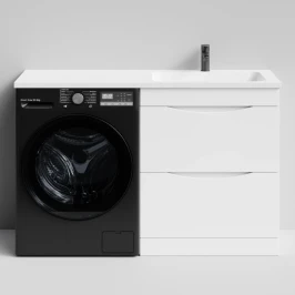 Тумба Смайл 130 напольный, под стиральную машину, правая, белый глянец Vodok с раковиной в комплекте