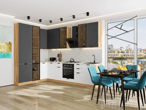 Кухонный гарнитур Евро Лайн-07 Антрацит/Белый Дуб Вотан