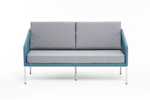 "Канны" диван 2-местный плетеный из роупа, каркас алюминий светло-серый (RAL7035) муар, роуп бирюзовый круглый, ткань светло-серая