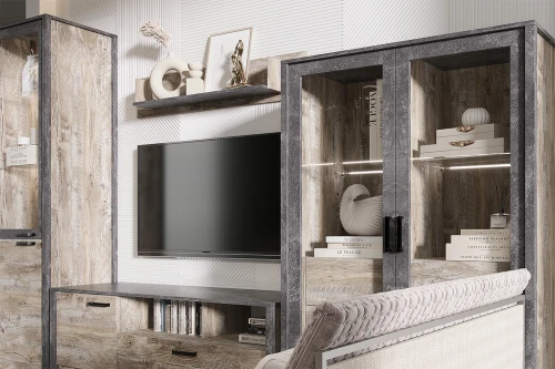 Шкаф-стекло Амели, Дуб Юкон, Бетон темный