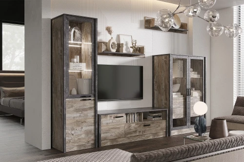 Шкаф-стекло Амели, Дуб Юкон, Бетон темный