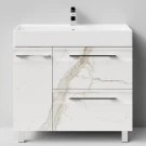 Тумба Мальта 90 напольный, ящики и дверь, Мрамор Белый натур милк ПВХ 2537, левый Vodok с раковиной в комплекте