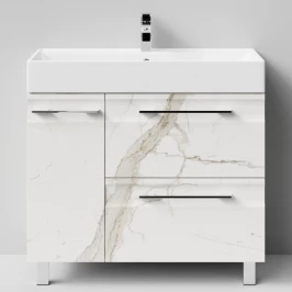 Тумба Мальта 90 напольный, ящики и дверь, Мрамор Белый натур милк ПВХ 2537, левый Vodok с раковиной в комплекте