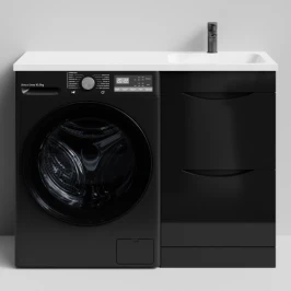 Тумба Смайл 110 напольный, под стиральную машину, правая, черный глянец Vodok с раковиной в комплекте