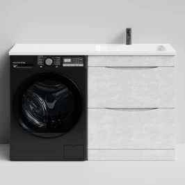 Тумба Смайл 130 напольный, под стиральную машину, правая, Белый камень ПВХ 57805 Vodok с раковиной в комплекте