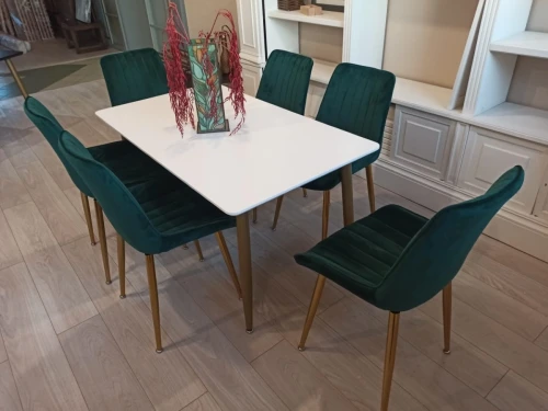 Обеденный комплект стол ФАВОРИТ “FAVORITE” белый + 6 зеленых стульев СЕДИЯ “SEDIA”