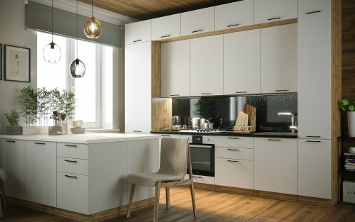 Трехуровневый кухонный гарнитур Валерия 3400 Айленд Силк МДФ ПВХ прямой