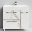 Тумба Мальта 90 напольный, ящики и дверь, Мрамор Белый натур милк ПВХ 2537, правый Vodok с раковиной в комплекте