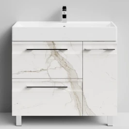 Тумба Мальта 90 напольный, ящики и дверь, Мрамор Белый натур милк ПВХ 2537, правый Vodok с раковиной в комплекте