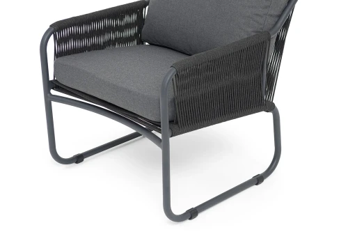 "Ането" кресло плетеное из роупа, каркас алюминий темно-серый (RAL7024) муар, роуп темно-серый круглый, ткань темно-серая 027