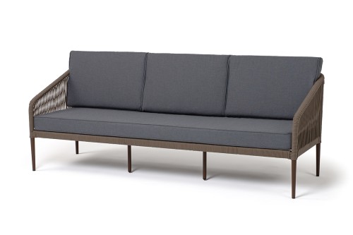 "Канны" диван 3-местный плетеный из роупа, каркас алюминий темно-серый (RAL7024) шагрень, роуп темно-серый круглый, ткань темно-серая 019