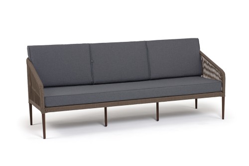 "Канны" диван 3-местный плетеный из роупа, каркас алюминий темно-серый (RAL7024) шагрень, роуп темно-серый круглый, ткань темно-серая 019