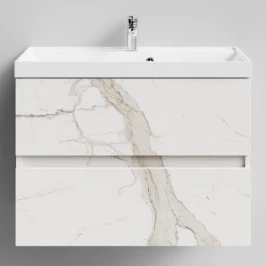 Тумба Бест 80  подвесной, Мрамор Белый натур милк ПВХ 2537 Vodok с раковиной в комплекте