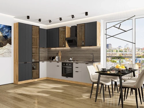 Кухонный гарнитур Евро Лайн-07 Антрацит/Агат Дуб Вотан