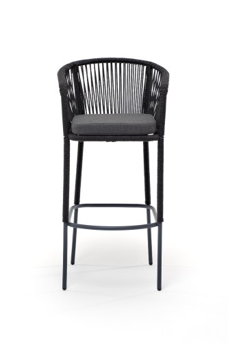 "Марсель" стул барный плетеный из роупа, каркас из стали серый (RAL7022) муар, роуп темно-серый круглый, ткань темно-серая 027