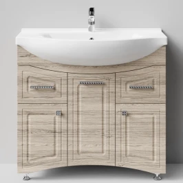 Тумба Адам 90 напольный, Дубослив ореховый светлый ПВХ 3445, левый Vodok с раковиной в комплекте