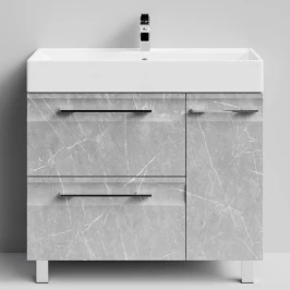 Тумба Мальта 90 напольный, ящики и дверь, Мрамор Белый софт тач 4044-2, правый Vodok с раковиной в комплекте