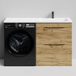 Тумба Смайл 130 напольный, под стиральную машину, правая, Дуб Тортуга ПВХ 2357-43 Vodok с раковиной в комплекте