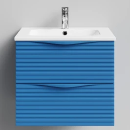 Тумба Эйфория 60 F7, пример RAL 5019 Капри синий, матовая, 2 ящика, подвесной Vodok с раковиной в комплекте