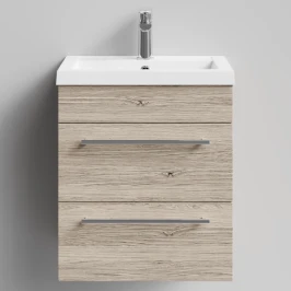 Тумба Элис 50 подвесной, 2 ящика, Дубослив ореховый светлый ПВХ 3445 Vodok с раковиной в комплекте