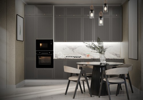 Модульная трехуровневая кухня Моцарт 3400 Монблан софт МФД прямая