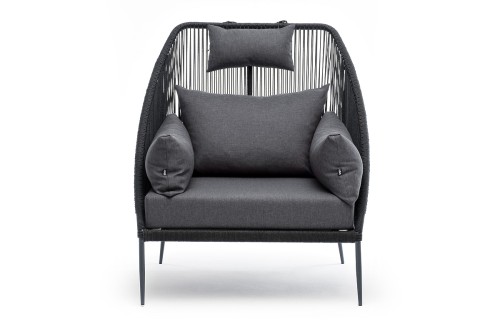 "Мадрид" кресло плетеное из роупа, каркас алюминий темно-серый (RAL7024) муар, роуп темно-серый круглый, ткань темно-серая 027