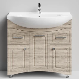 Тумба Адам 90 напольный, Дубослив ореховый светлый ПВХ 3445, правый Vodok с раковиной в комплекте