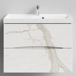 Тумба Лайт 80 подвесной, Мрамор Белый натур милк ПВХ 2537 Vodok с раковиной в комплекте