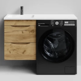 Тумба Смайл 110 подвесной, под стиральную машину, левая, Дуб Тортуга ПВХ 2357-43 Vodok с раковиной в комплекте