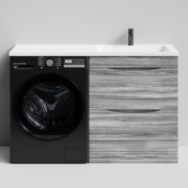Тумба Смайл 130 напольный, под стиральную машину, правая, Лиственница структурная контрастно-серая ПВХ 64202 Vodok с раковиной в комплекте