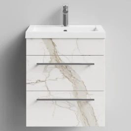 Тумба Элис 50 подвесной, 2 ящика, Мрамор Белый натур милк ПВХ 2537 Vodok с раковиной в комплекте