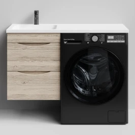 Тумба Смайл 110 подвесной, под стиральную машину, левая, Дубослив ореховый светлый ПВХ 3445 Vodok с раковиной в комплекте