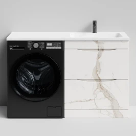 Тумба Смайл 130 напольный, под стиральную машину, правая, Мрамор Белый натур милк ПВХ 2537 Vodok с раковиной в комплекте