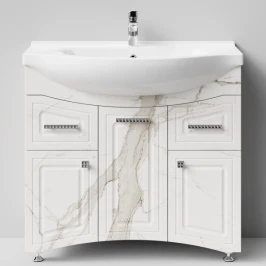 Тумба Адам 90 напольный, Мрамор Белый натур милк ПВХ 2537, левый Vodok с раковиной в комплекте
