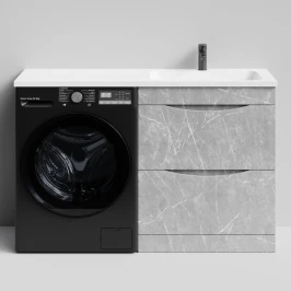 Тумба Смайл 130 напольный, под стиральную машину, правая, Мрамор Белый софт тач 4044-2 Vodok с раковиной в комплекте