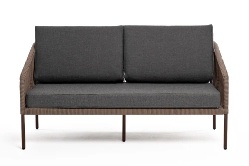 "Канны" диван 2-местный плетеный из роупа, каркас алюминий коричневый (RAL8016) муар, роуп коричневый круглый, ткань темно-серая 027
