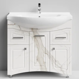 Тумба Адам 90 напольный, Мрамор Белый натур милк ПВХ 2537, правый Vodok с раковиной в комплекте