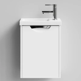 Тумба Бридж 40 подвесной, ручка лира, белый, правый Vodok с раковиной в комплекте