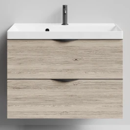 Тумба Марко 80 подвесной, ручки Черные, Дубослив ореховый светлый ПВХ 3445 Vodok с раковиной в комплекте