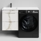 Тумба Смайл 110 подвесной, под стиральную машину, левая, Мрамор Белый натур милк ПВХ 2537 Vodok с раковиной в комплекте