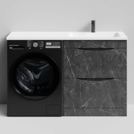 Тумба Смайл 130 напольный, под стиральную машину, правая, Мрамор Графит софт тач ПВХ 4044-3 Vodok с раковиной в комплекте
