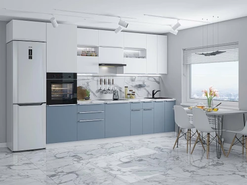 Прямая модульная кухня Фьюжн-01 Silky Blue Белый 2340*3600*600