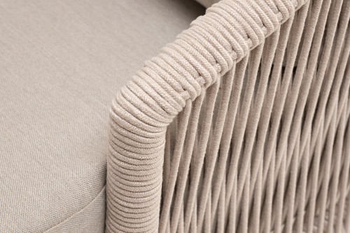 "Верона" диван 3-местный плетеный из роупа, каркас алюминий белый муар, роуп бежевый круглый, ткань бежевая 052