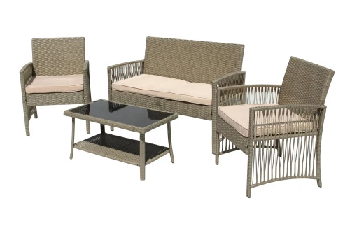 Набор мебели Лондон  арт.GS9026 серо-бежевый, бежевый 1 уп. (стол+2кресла+диван ротанг серо-бежевый, подушки бежевые) "Garden story"