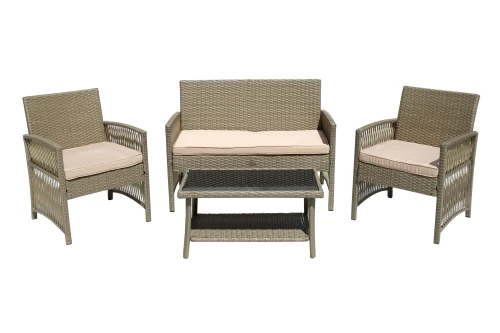 Набор мебели Лондон  арт.GS9026 серо-бежевый, бежевый 1 уп. (стол+2кресла+диван ротанг серо-бежевый, подушки бежевые) "Garden story"