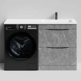 Тумба Смайл 130 напольный, под стиральную машину, правая, Мрамор Серый софт тач ПВХ 4044-1 Vodok с раковиной в комплекте